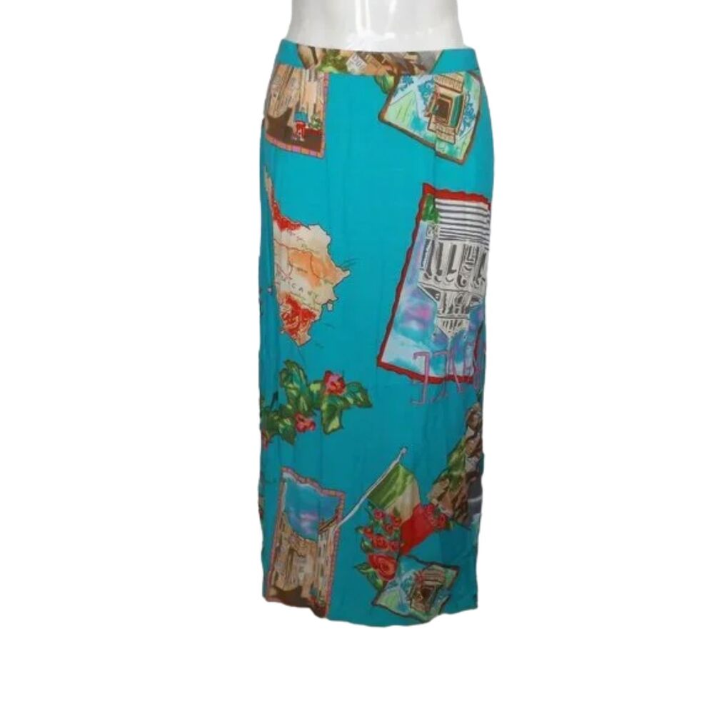 Vintage Maxi Skirt, M, Aqua Blue,  Maps/Travel, Side Vents, Half Elastic waist
